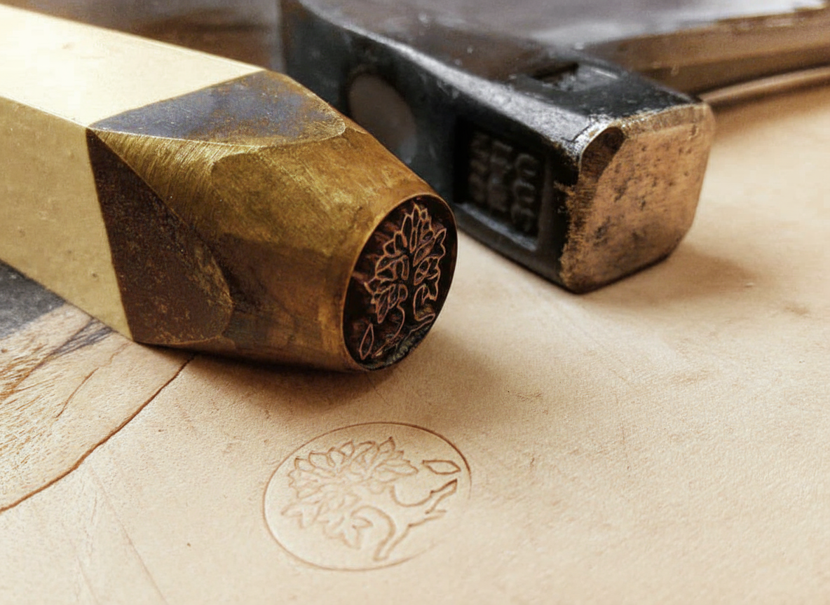 Nahaufnahme eines handgefertigten Messingstempels mit Krützbergg-Logo, der in Leder geprägt wurde. Symbol für traditionelle Handwerkskunst, Präzision und Qualität in der Lederverarbeitung.